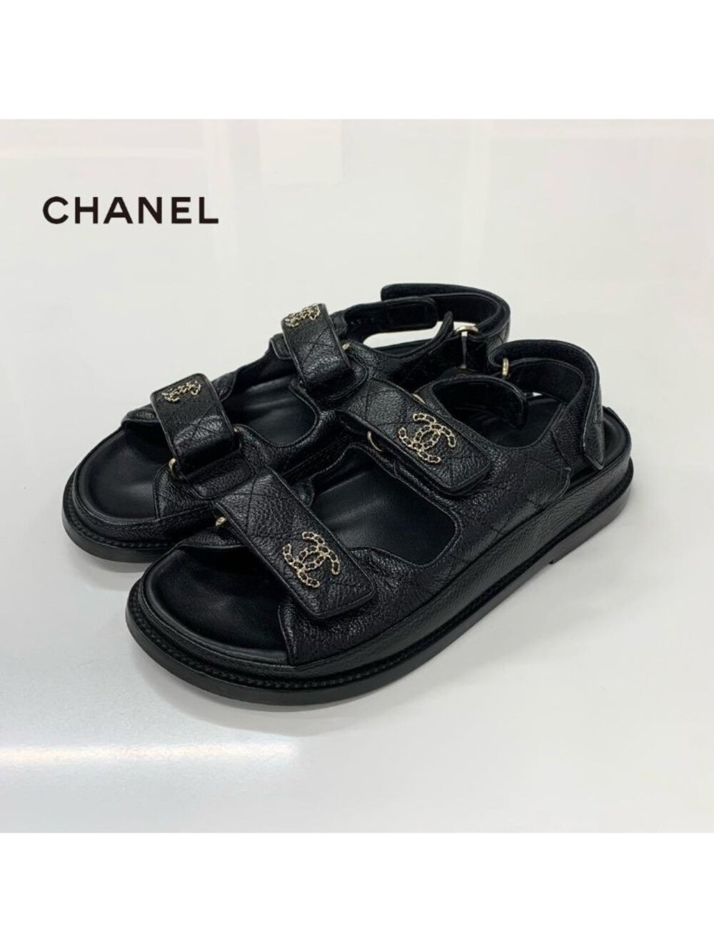 Chanel CC Logo Quilted Leather Chain Velcro Sandals Black